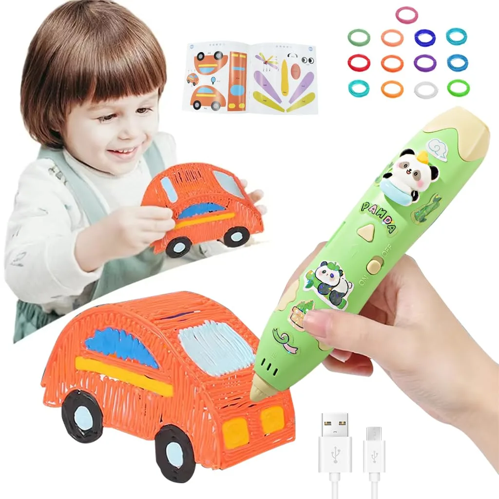 Kids 3D Pen with 13 Roll Colorful Filaments USB Cartoon Panda 3D Pen for DIY 3D Printing Crafts, 40-45 Degree Constant Temperature Safe Printer Pen, STEM 3D Drawing Pen