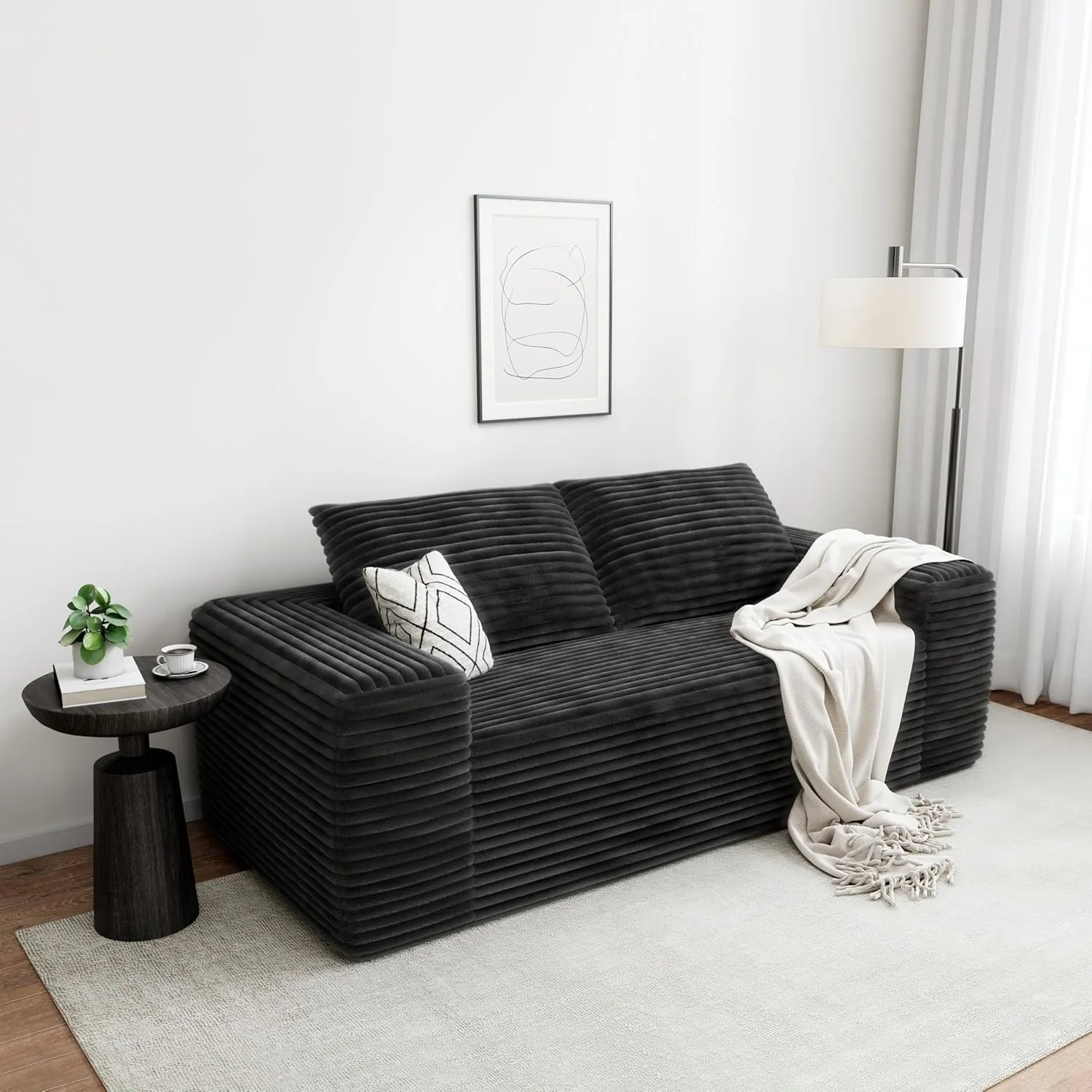 Loveseat Sofa, Comfy Deep Seat, No Assembly, Sofa in a Box, Modern Small Couch with Plush Fabric for Living Room, Bedroom, Apartment, Home Office, Black