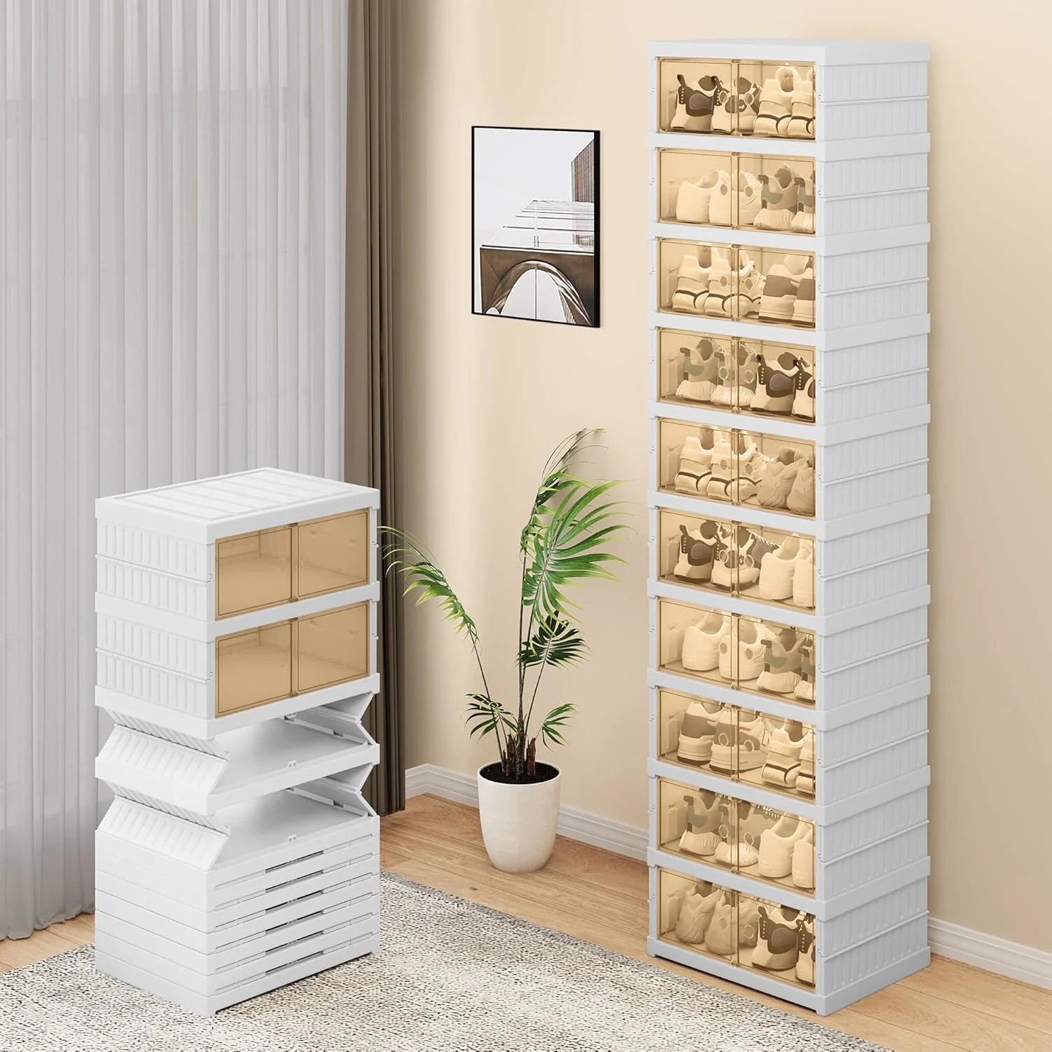 10 Tiers-20 Pairs Easy Assembly Shoe Box with Magnetic Doors, Foldable Shoe Storage Organizer for Closet, Collapsible Shoe Rack Sneaker Organizer for Entryway, Living Room, Bedroom (White)