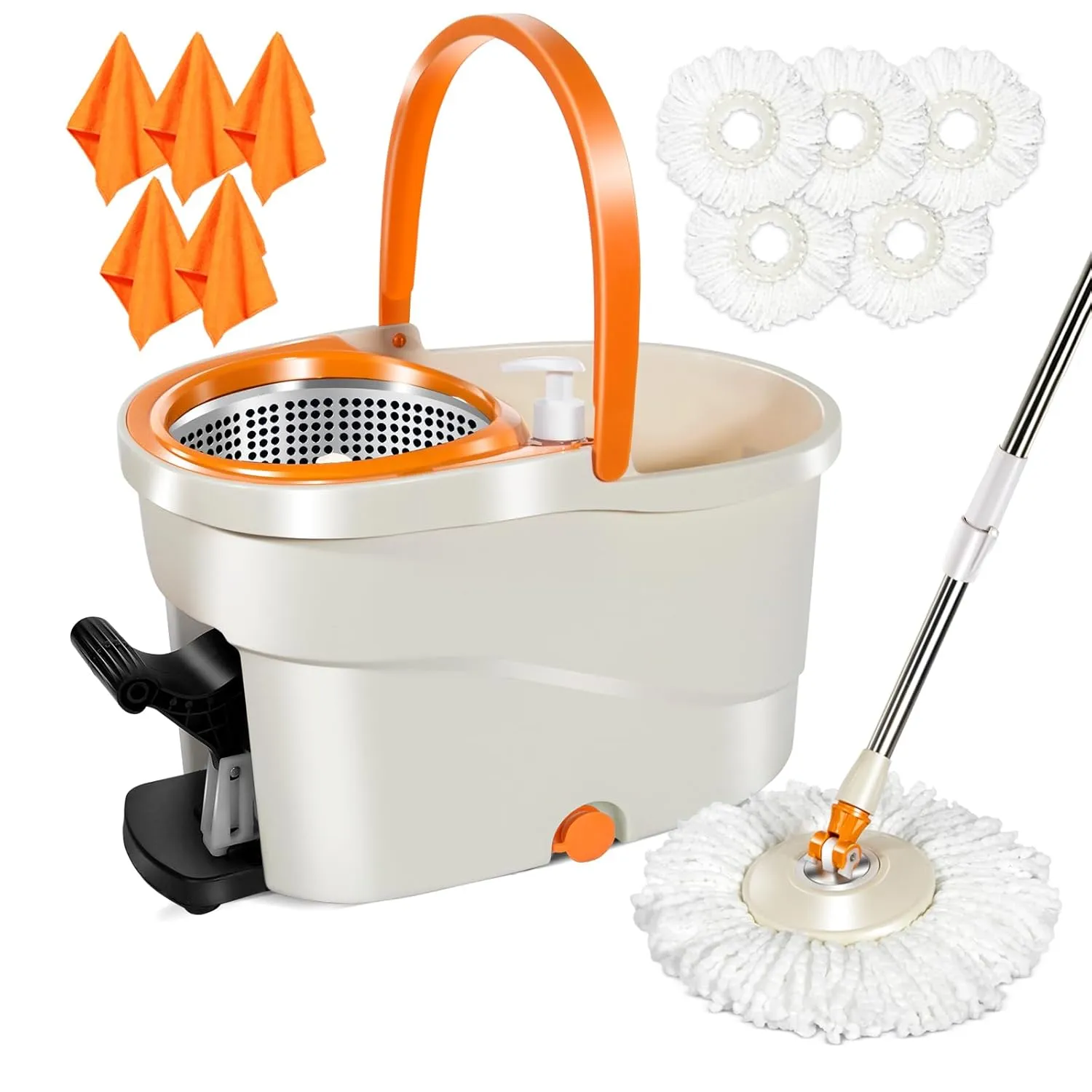 6L Foot Pedal Microfiber Spin Mop with 4 Pcs Microfiber Mop Heads
