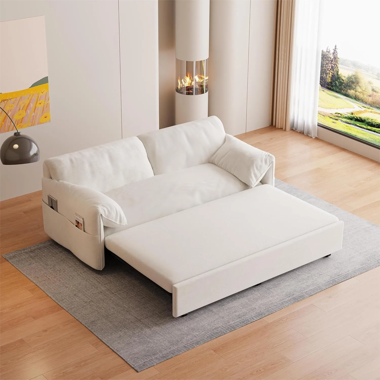 3-in-1 Convertible Pull Out Queen Size Sofa Bed with Comfy Armpillow and Side Pockets , 63.8" Functional Futon Loveseat Couch Lounge Chaise with Adjustable Backrest for Living Room