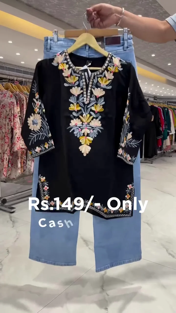 Women's Boho-Chic Black Embroidered Kurti & Light Wash High-Waist Denim Jeans Combo