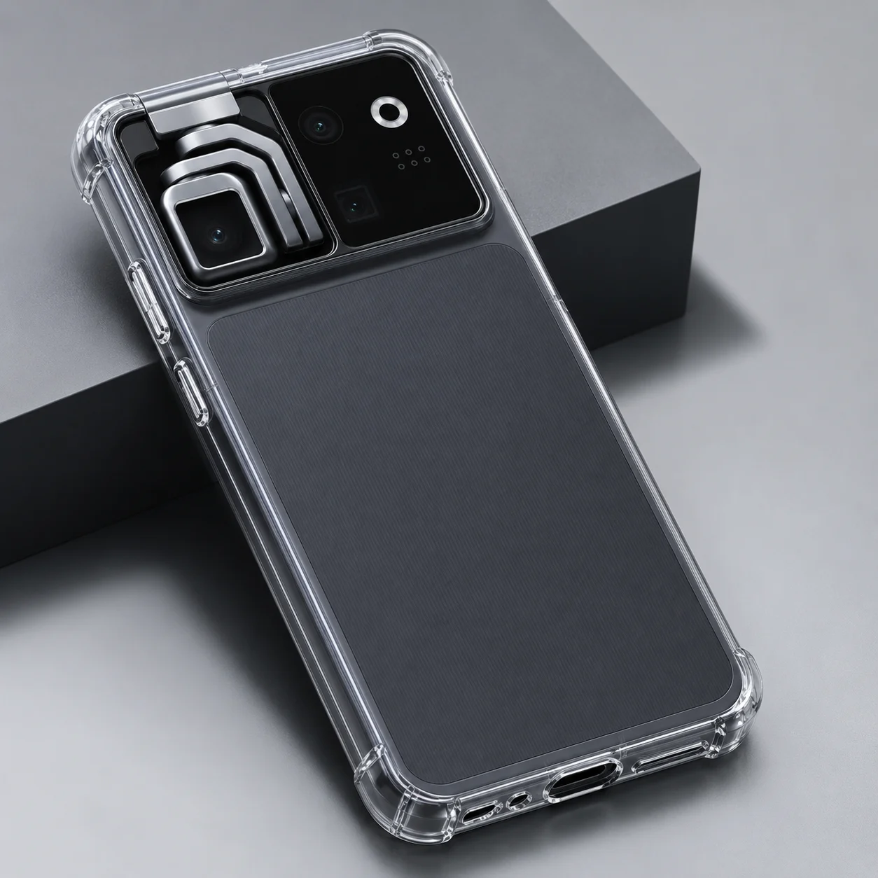 Graphite Grey Smartphone with Futuristic Camera Module & Protective Case
